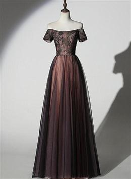 Picture of Unique Black Color and Champagne Tulle Long Party Dresses, Senior Prom Dresses